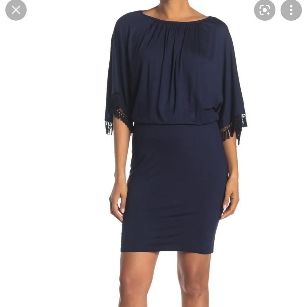 Trina Turk Bird Of Paradise Tunic Kimono Sleeve Dress In Indigo Blue Size Small